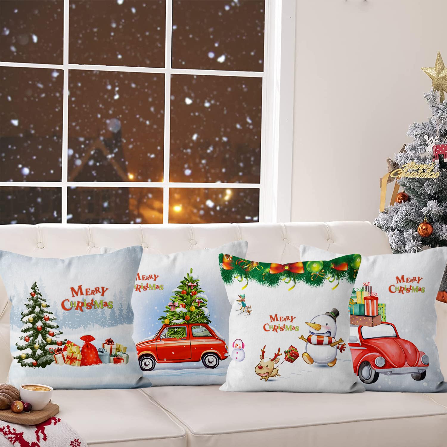 Federe Cuscini Natalizi 50x50 Cm Set Di 2 - Motivi Ghirlanda, Camion, Albero Di Natale, Per Divano E Decorazioni Invernali