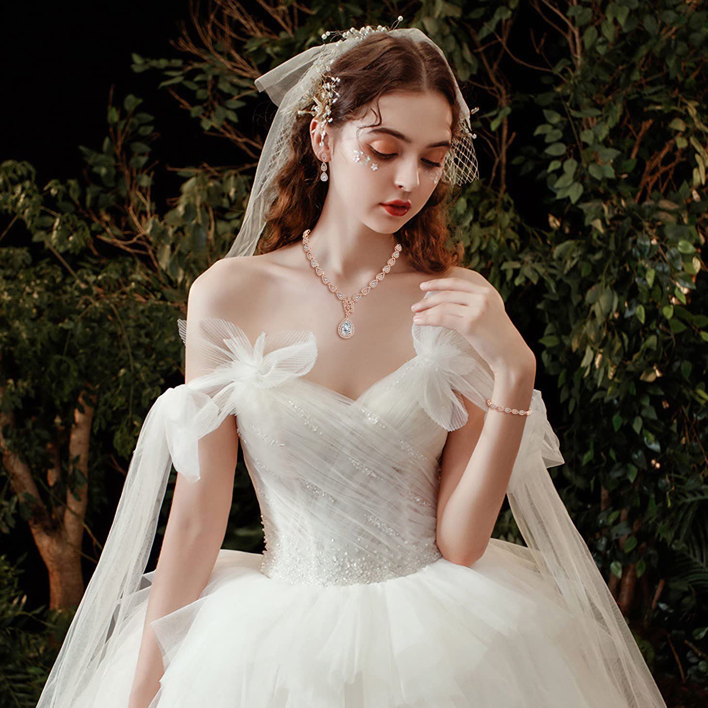 Set di gioielli per matrimonio, collana e orecchini, da appendere e bracciale, argento, oro rosa/oro, da sposa, con zirconi bianchi AAAAA, in fidanzamento, per gli amanti della sposa e delle