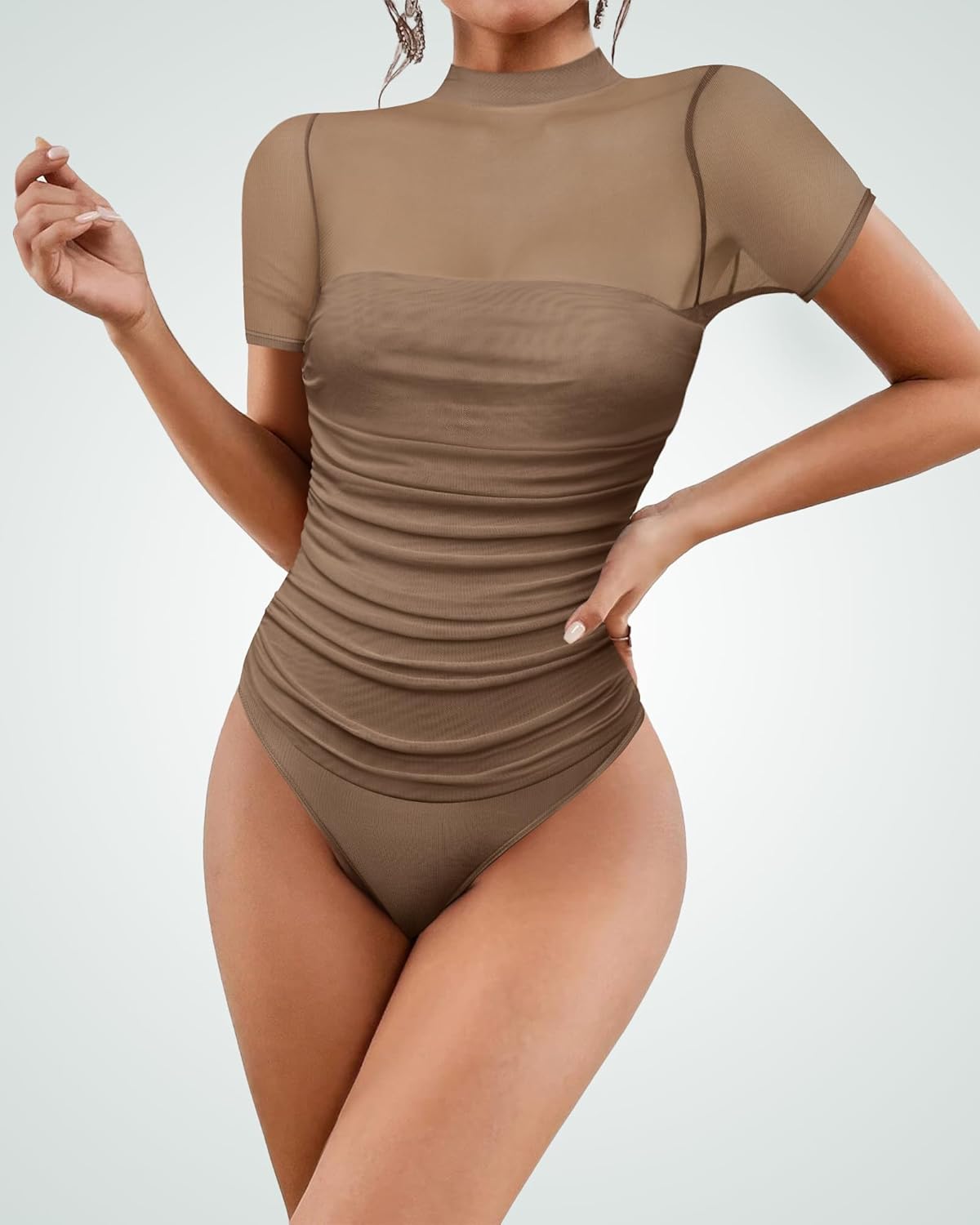 Women's Mesh Sexy Mock TurtleNeck Bodysuits Short Sleeve Shirt Ruched Sheer Body suit Summer Trendy Going Out Tops - Image 4