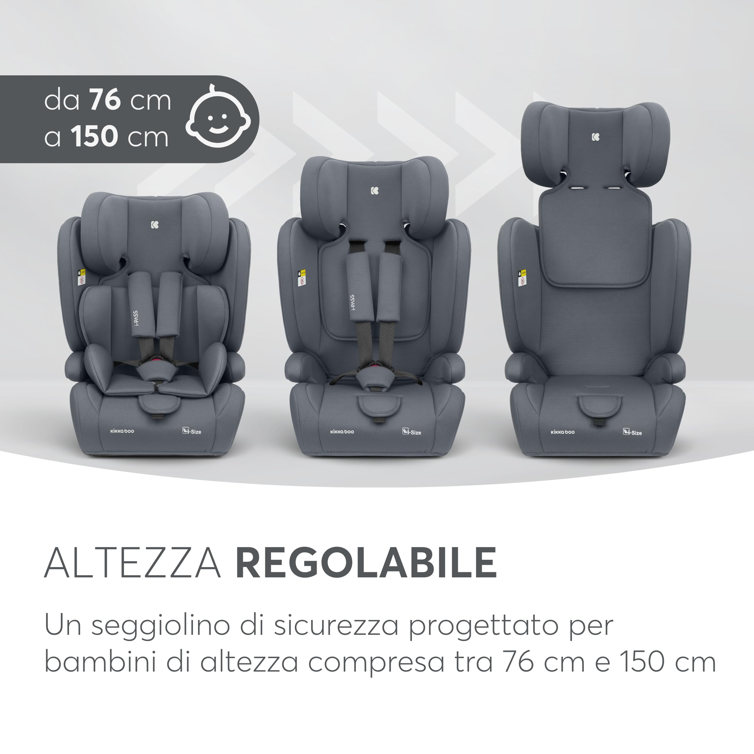 KikkaBoo Seggiolino Auto 9-36 kg i-PASS, Gruppo 1/2/3, Da 15 Mesi a 12 Anni, i-Size 76-150 cm, Poggiatesta Regolabile 13 Posizioni, Grigio