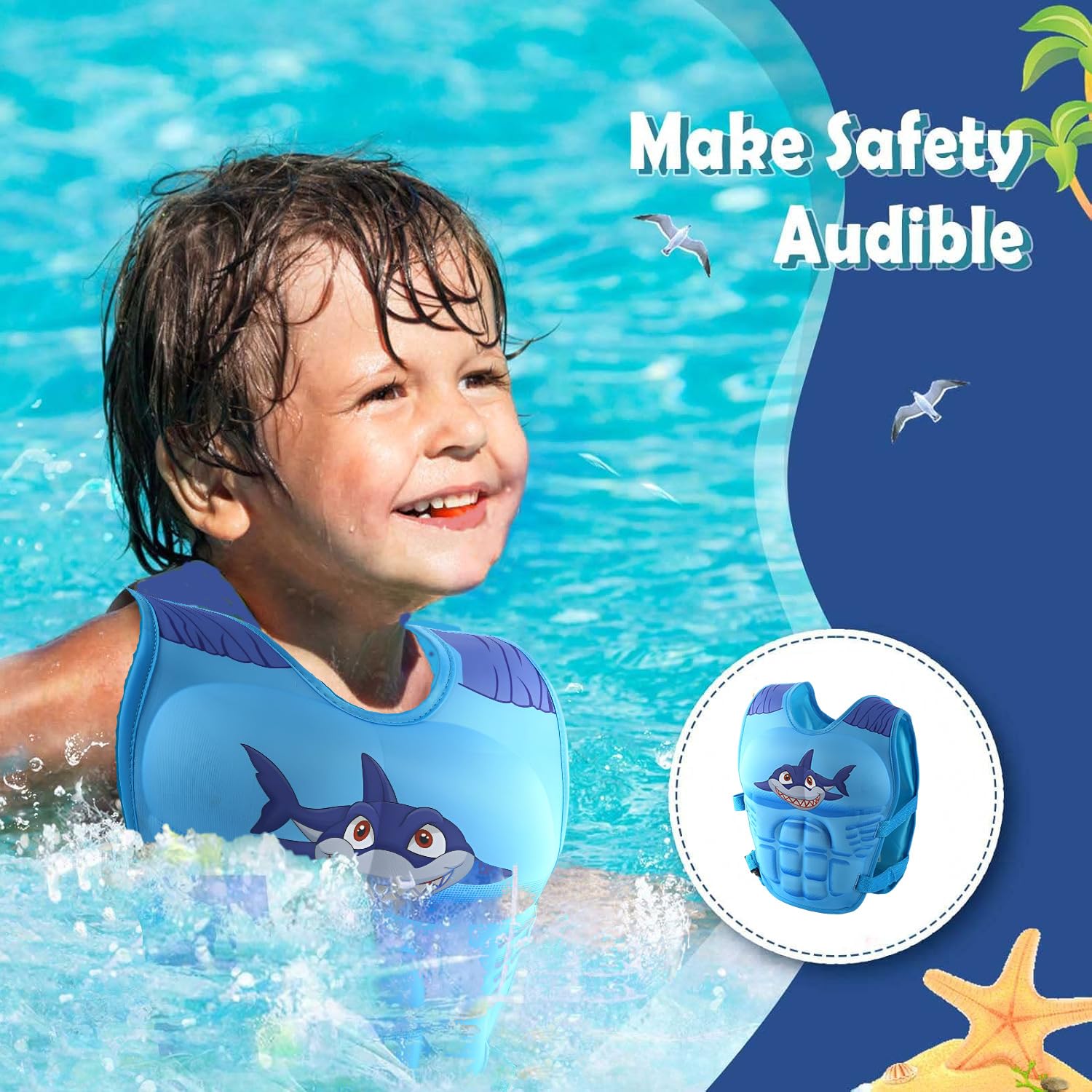 Jukusa Kids Shark Swim Vest | Blue Safety Floatation Jacket with Adjustable Straps | Comfortable & Lightweight Swim Aid for Children | Perfect for Pools & Beaches (1 Pcs.) - Image 8 thumbnail
