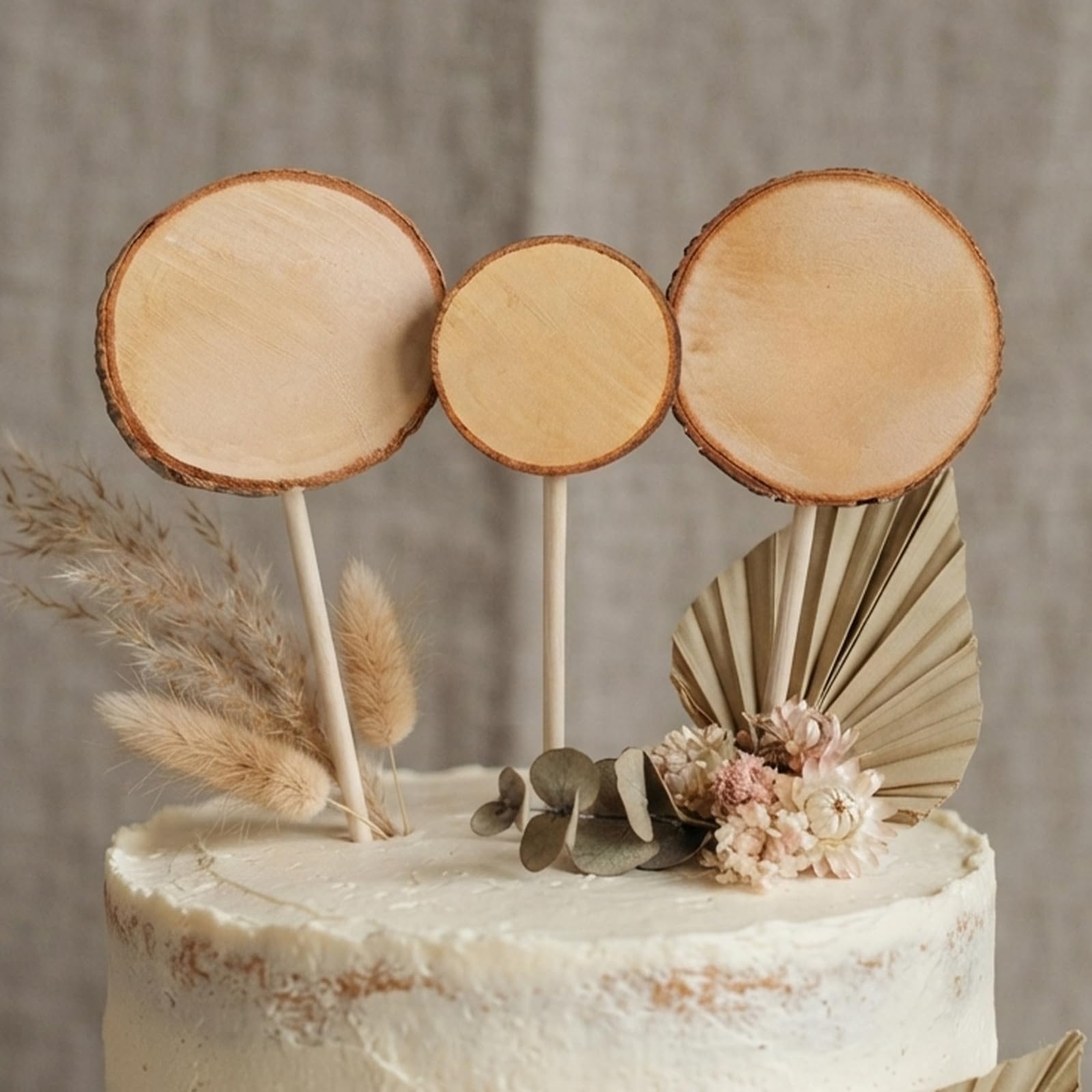 3 Piece Natural Wood Round Mr & Mrs Cake Topper Sticks