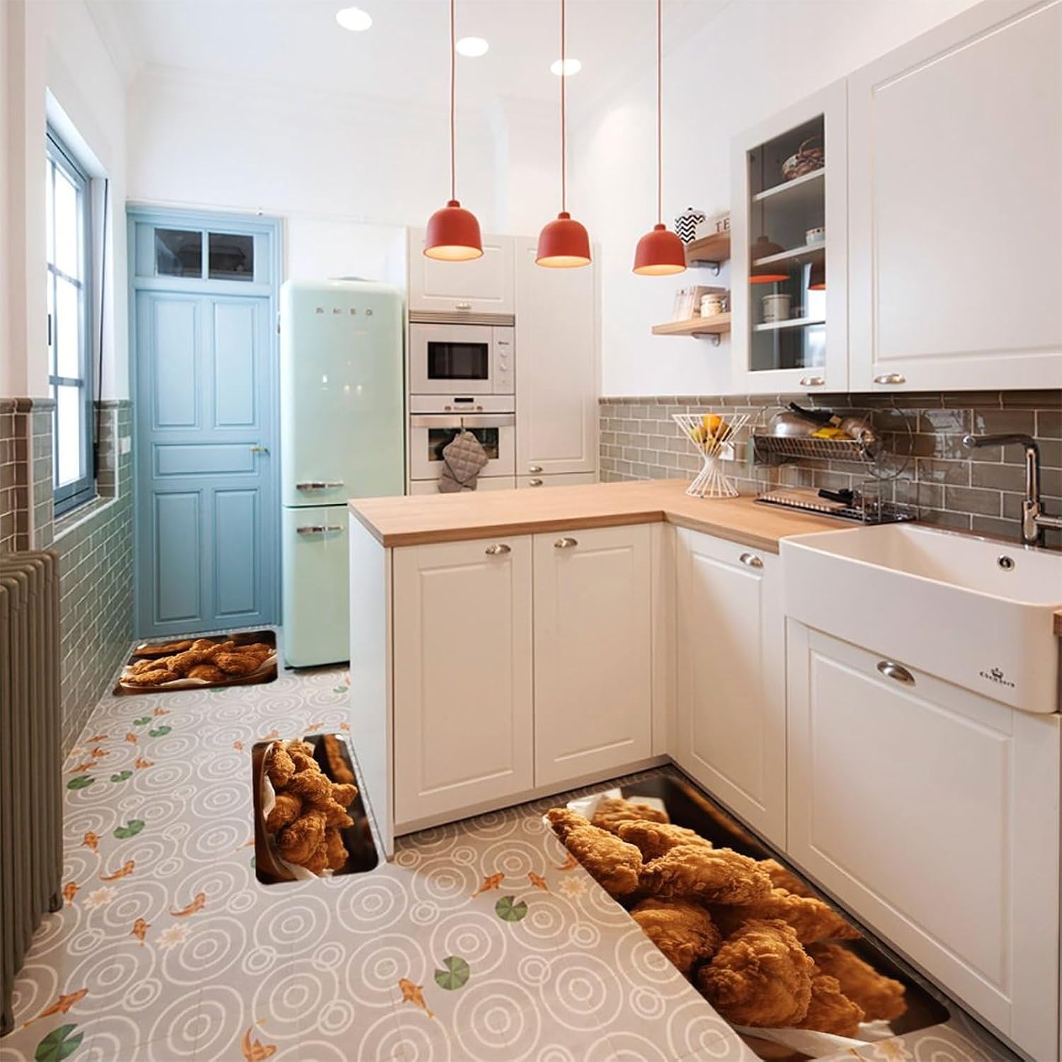 A Plate of Fried Chicken Kitchen Mats for Floor 3 Pcs Kitchen Rugs
