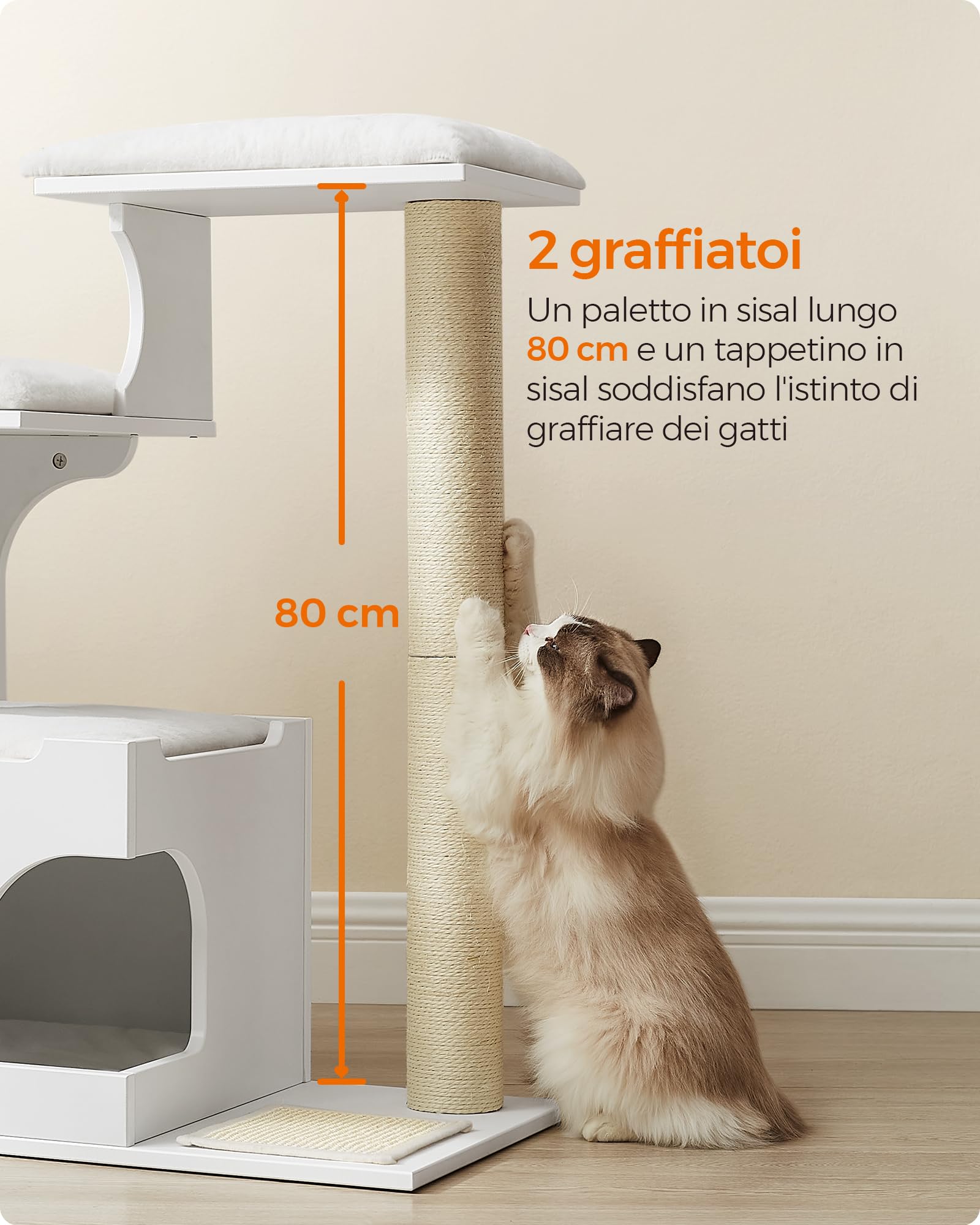 Feandrea Tiragraffi, Albero per Gatti di Truciolato Alto 86 cm, con Grotta, Posatoi, Colonna e Tappeto Graffiatoio in Sisal, Lavabili Tappeti in Pelliccia Sintetica, Bianco Nuvola PCT070W01