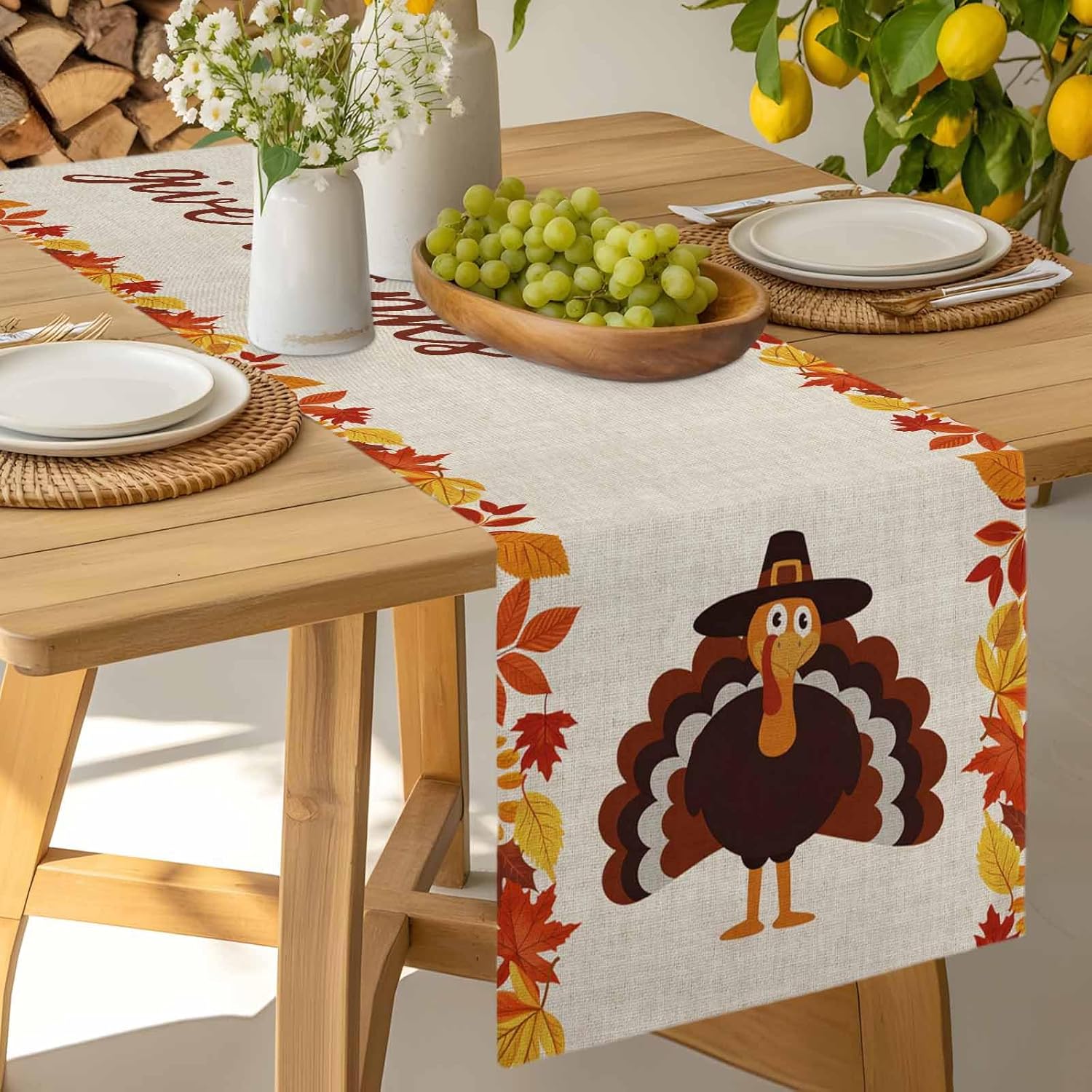 LooPoP Give Thanks Table Runners 72 Inches Long Washable Thanksgiving Turkey Maple Leaves Table Runner for Round Table Kitchen Coffee Dining End Table Living Room Use
