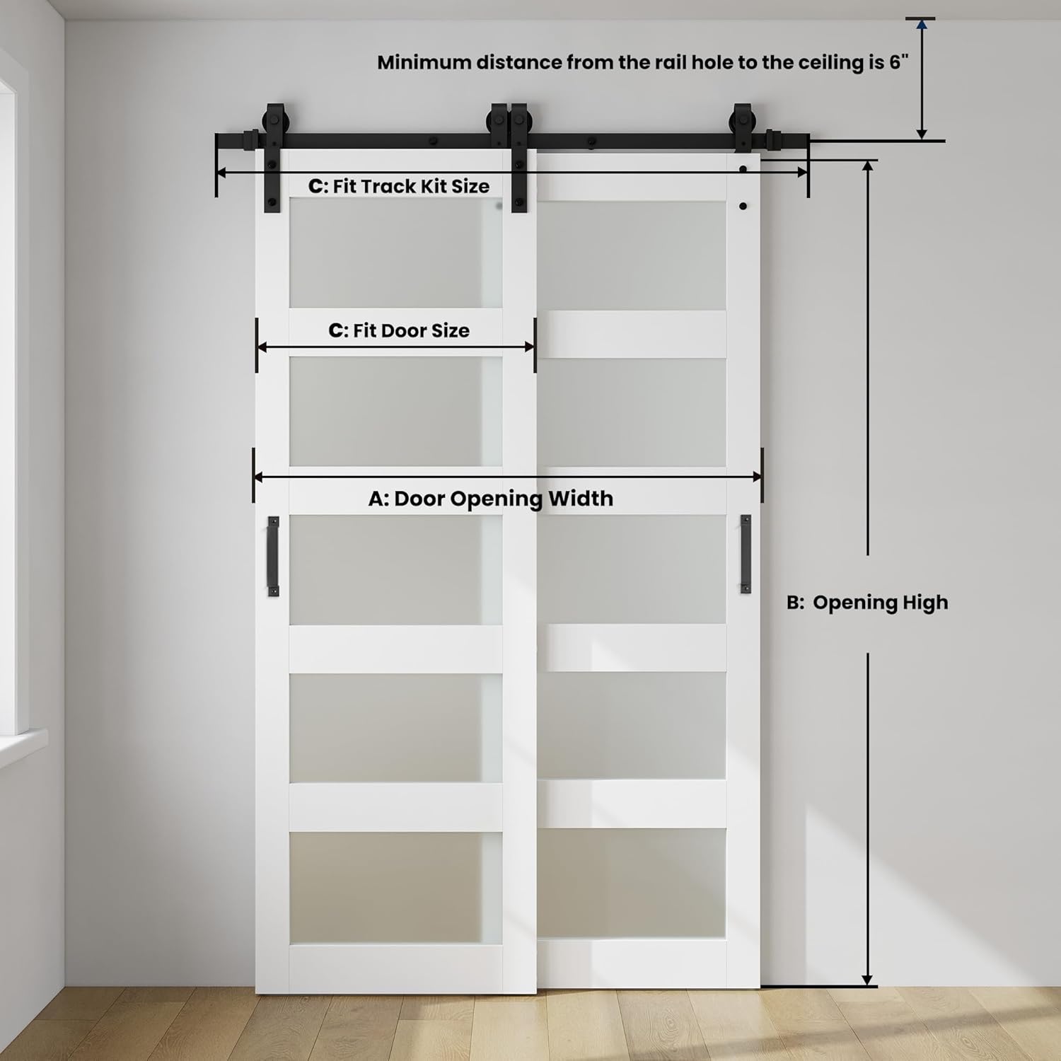 SmartStandard 30in x 84in Double Glass Sliding Barn Door with 5FT Bypass Sliding Barn Door Hardware Kit, 5-Panel Frosted Glass,Waterproof, Save Space, Easy Install, Fit 48"-52" Openning, White