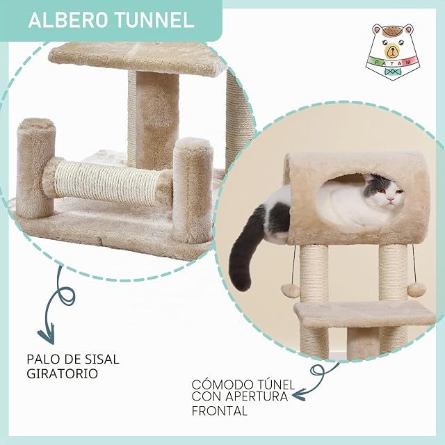 Foto 5 de 7 de PATAM Árbol rascador de sisal Natural con túnel de casa y Juego, Base Reforzada, fácil Montaje, Ideal…