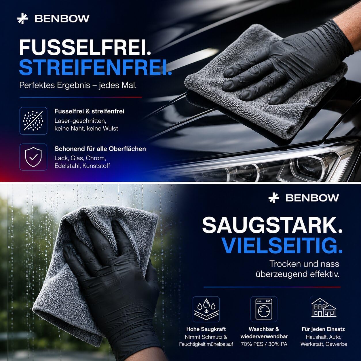 BenBow Mikrofasertücher 200 Stück 40x40 cm 350 GSM – Lasergeschnitten, fusselfrei, saugstark – Auto Poliertuch, Trockentuch, Grau