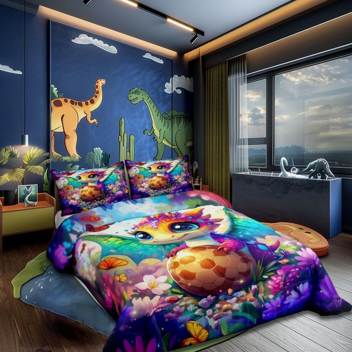 Cartoon Dragon Twin Size Comforter Set,Baby Dragon Eggs Quilt Set Soft Bed Collection,Watercolor Flowers Butterfly Bedding Comforter for Boys Girls Room Decor,2 Pcs