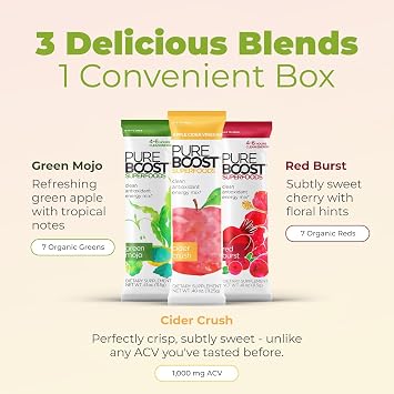 Pureboost Sugar-Free Superfoods Clean Energy Booster, Combo Pack 10 Count, Energy Drink Mix with Apple Cider Vinegar, 7 Organic Red or Green Superfoods and Electrolytes. No Sucralose