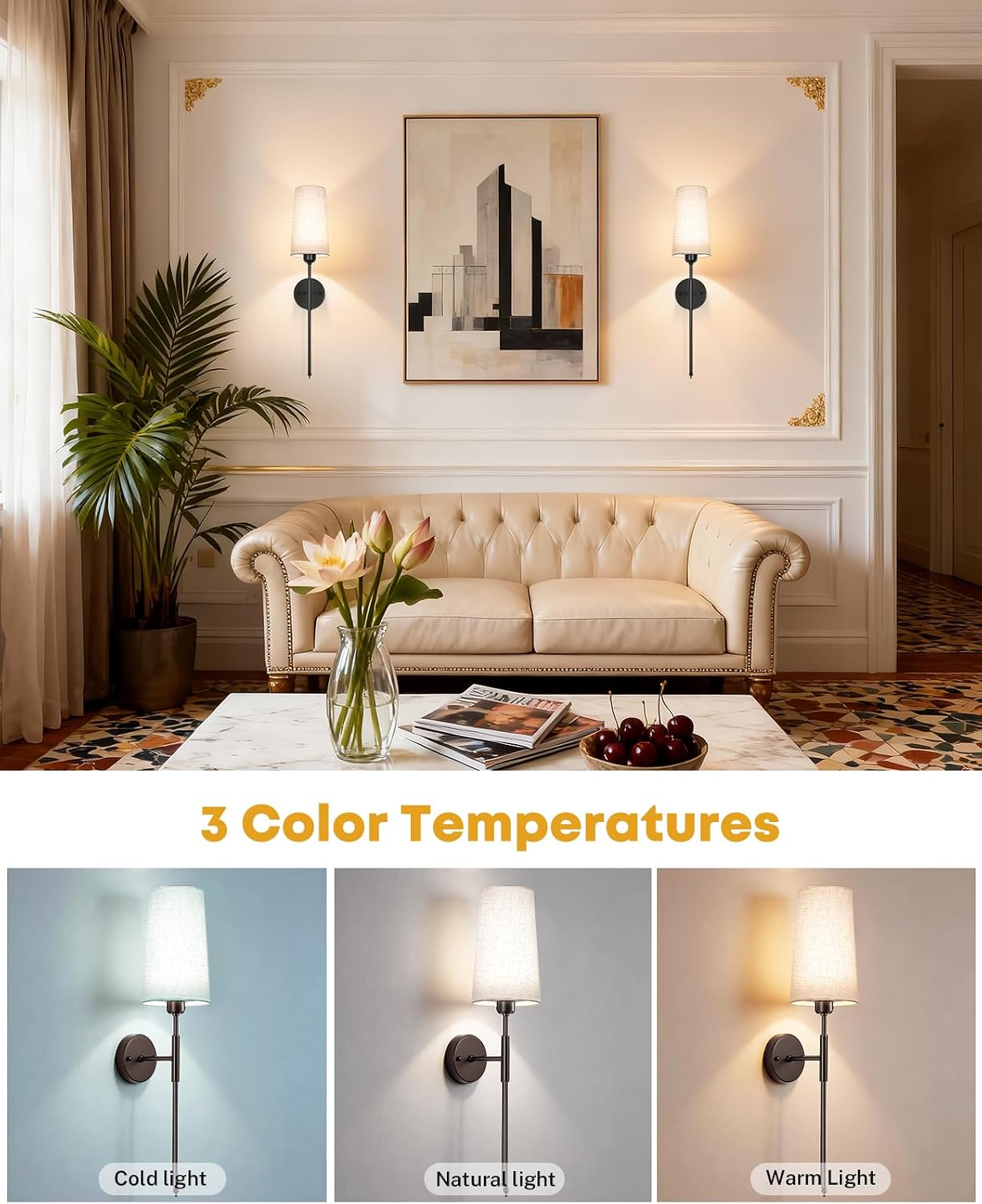 Battery Operated Wall Sconce Set of 2, 13000mAh Rechargeable Battery Powered Sconces with Remote Dimmable Fabric Shade Wireless Sconces Fixture for Bedroom Living Room image 3