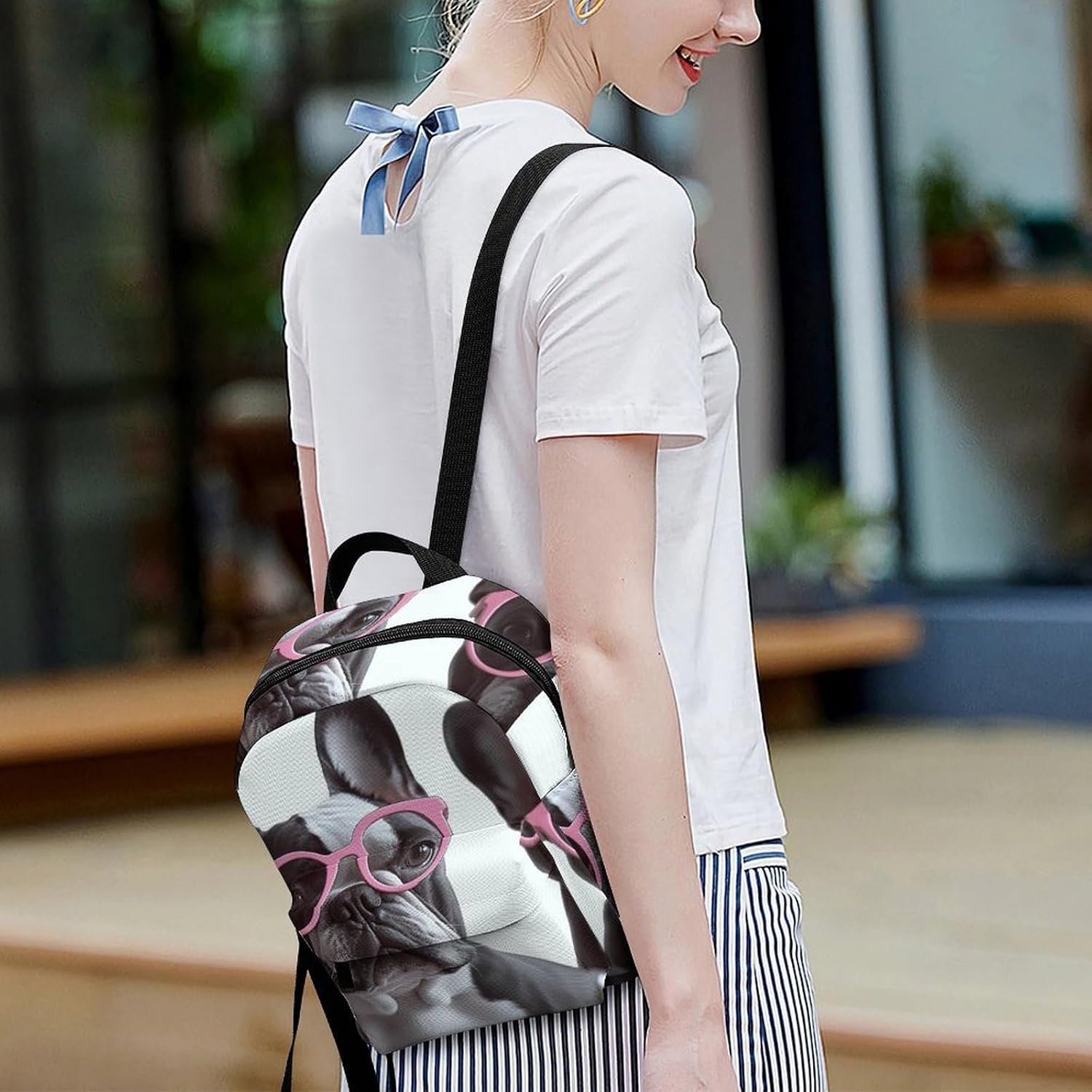Waterproof Mini Backpack for Women - 10 Inch Oxford Lightweight Daypack Cute Bag Small Daypack French Bulldog Glasses Small Backpack Purse for Travel Work Weekender