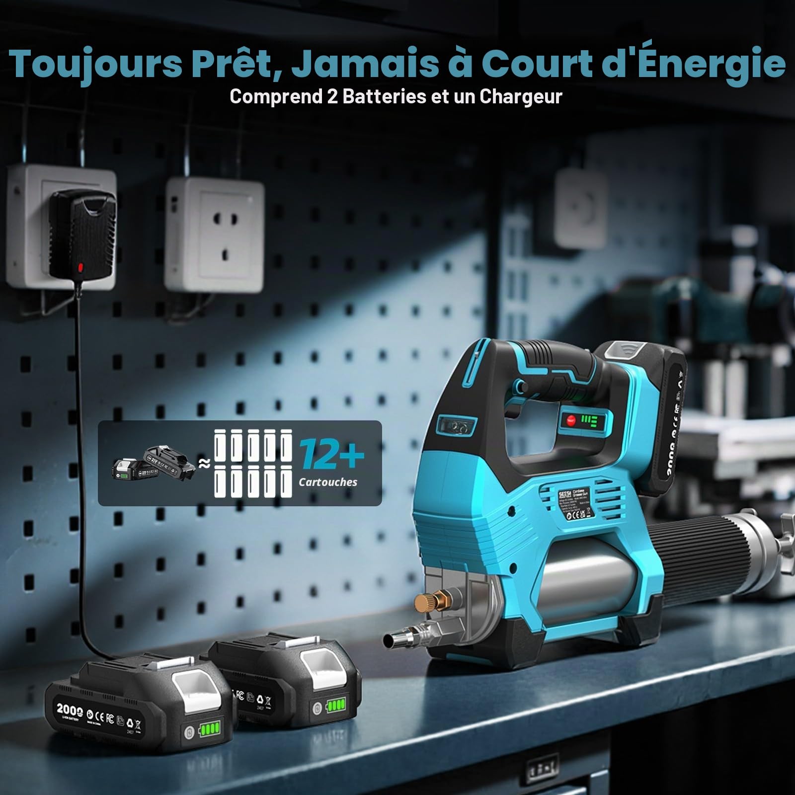 Seesii 12.000PSI Pompe a Graisse Electrique avec 2 Batteries (et Compatible avec la Batterie Makita 18 V), 3 Vitesses, Moteur Brushless, 3 Embout, Tuyau de 1m, Raccord à 90°, pour Équipements Lourds