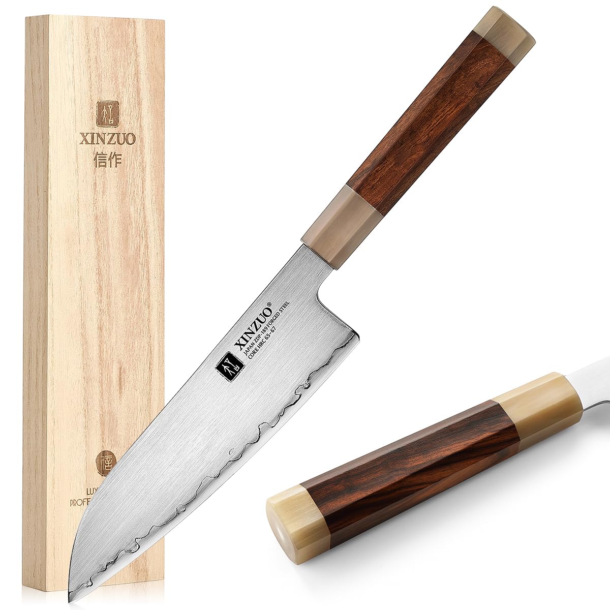 XINZUO 18,3cm Cuchillo Santoku de Cocina Acero en Polvo Japonés ZDP-189 -Profesional Afilado Acero Inoxidable Cuchillo para Verduras -Mango de Desert Ironwood -con Caja de Regalo de Madera de Tung