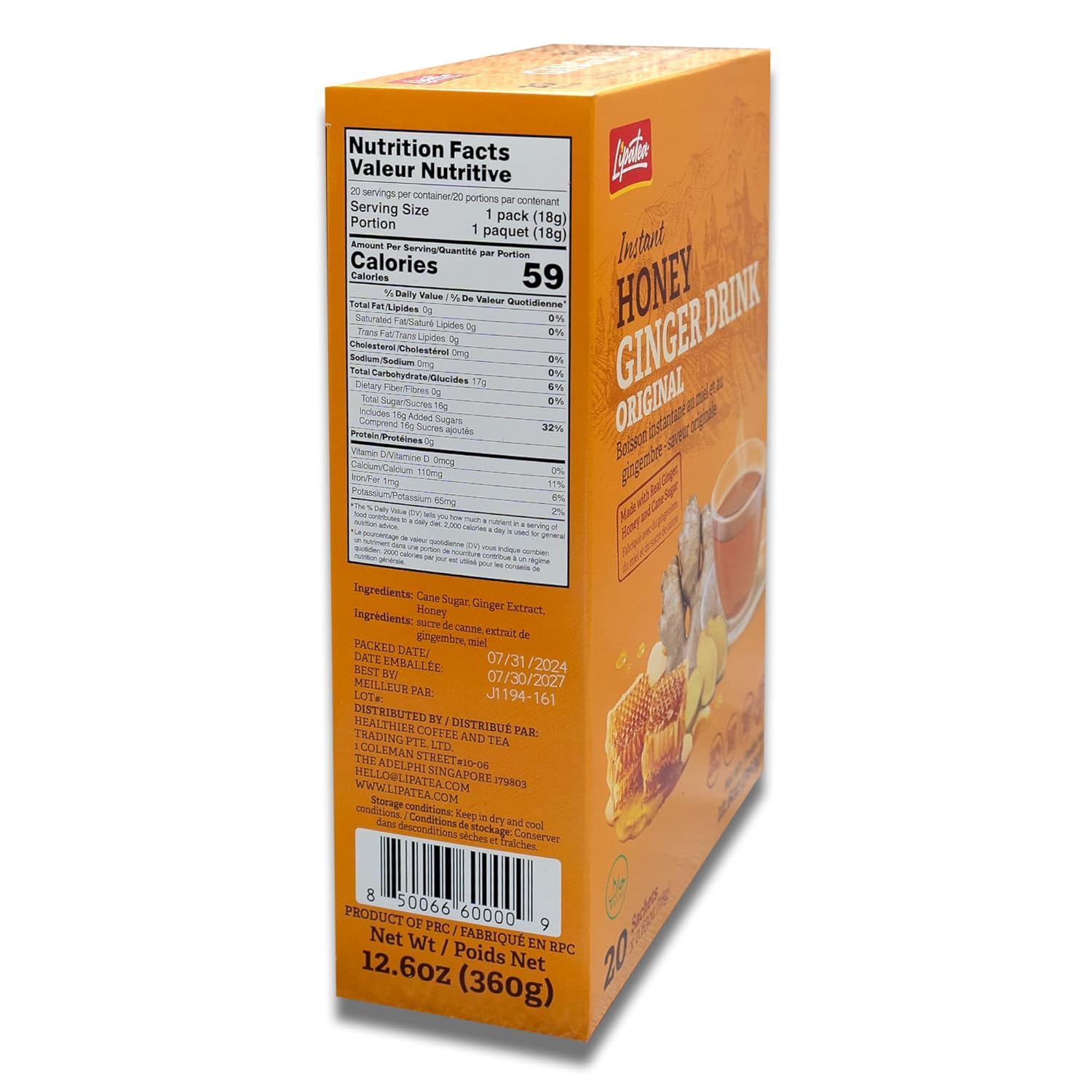 Lipatea Instant Honey Ginger Drink Original, Caffeine-Free, Gluten-Free, Halal - Made with Real Ginger, Honey & Cane Sugar (Pack of 2)