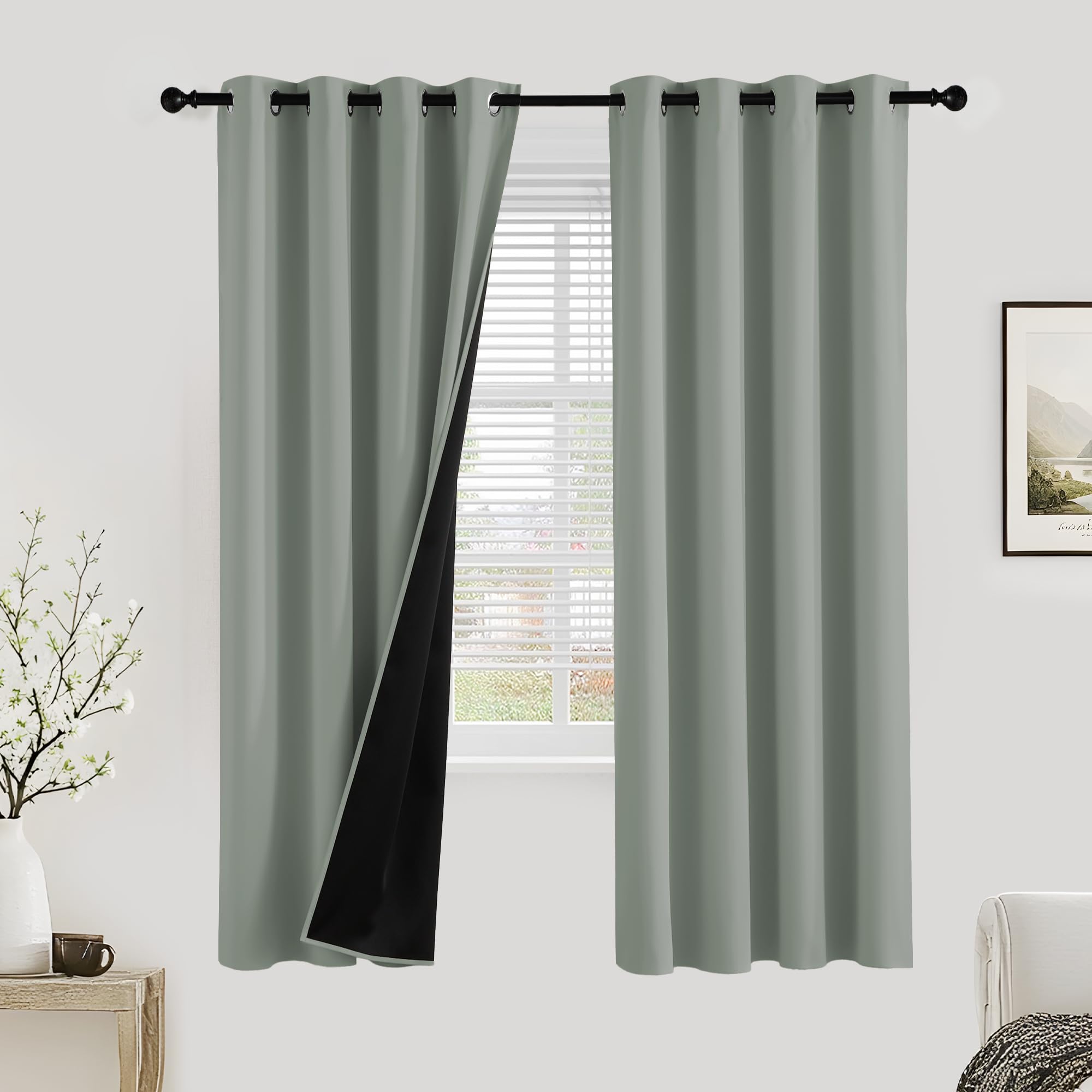 PONY DANCE 100% Blackout Curtains for Bedroom - Thermal Full Blackout Eyelet Curtains & Drapes Heat and Light Blocking Panels for Living Room with Black Liner 2 Pcs, 52 x 72 Inch, Sage Green