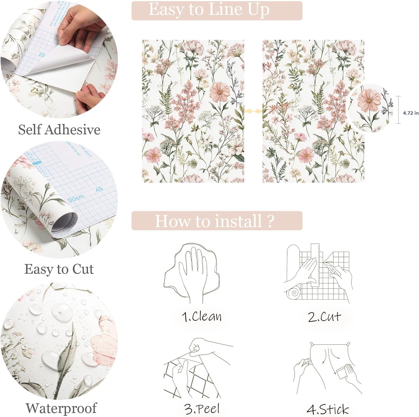 Orainege Pink Floral Peel and Stick Wallpaper Removable Self Adhesive Wallpaper 16.9inx118.1in Modern Wall Paper for Bedroom Bathroom Green Leaf Contact Paper for Cabinets