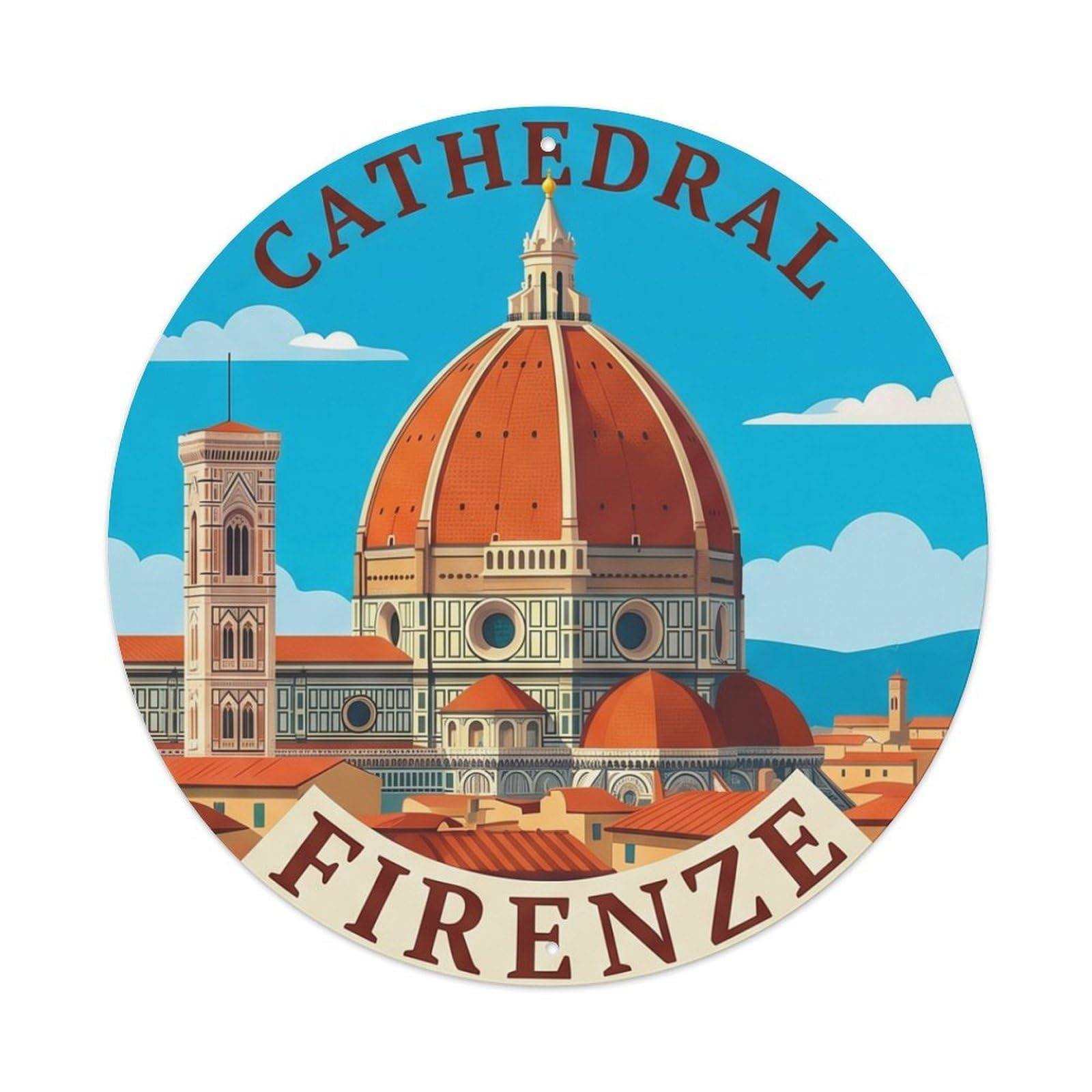 Vintage Travel Duomo Cathedral Florence 1 Metal Tin Sign Plaque Wall Decor for Cafe, Club, Garden Round Metal Poster 8x8Inch