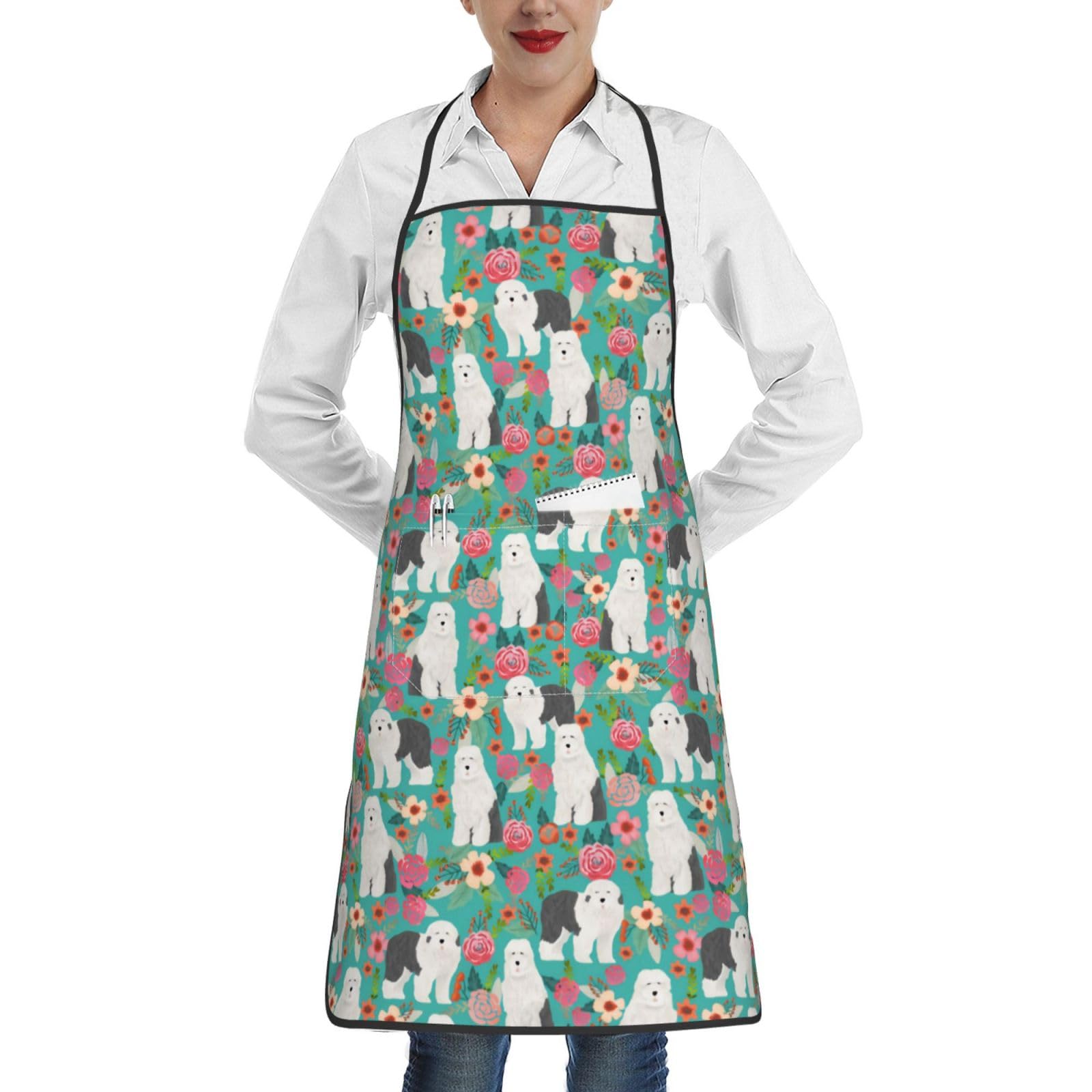 Florals Old English Sheepdog Dog Lovers Apron Print Chef Aprons For Women Men Adjustable With 2 Pockets Kitchen Cooking Apron