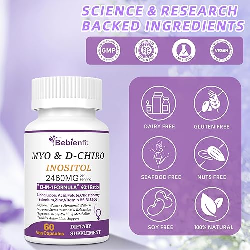 Miniatura 7 de Myo inositol 13 en 1 y D-Chiro inositol para mujeres, 2460mg-401 Proporción Suplemento más ácido alfa lipoicofolatovitexmagnesio, 60 cápsulas veganas
