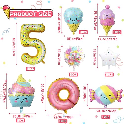 Miniatura 2 de 10 globos de helado, dona de helado, caramelo, número de cumpleaños, globo de papel de aluminio de mylar, tema de helado, suministros de fiesta de 5