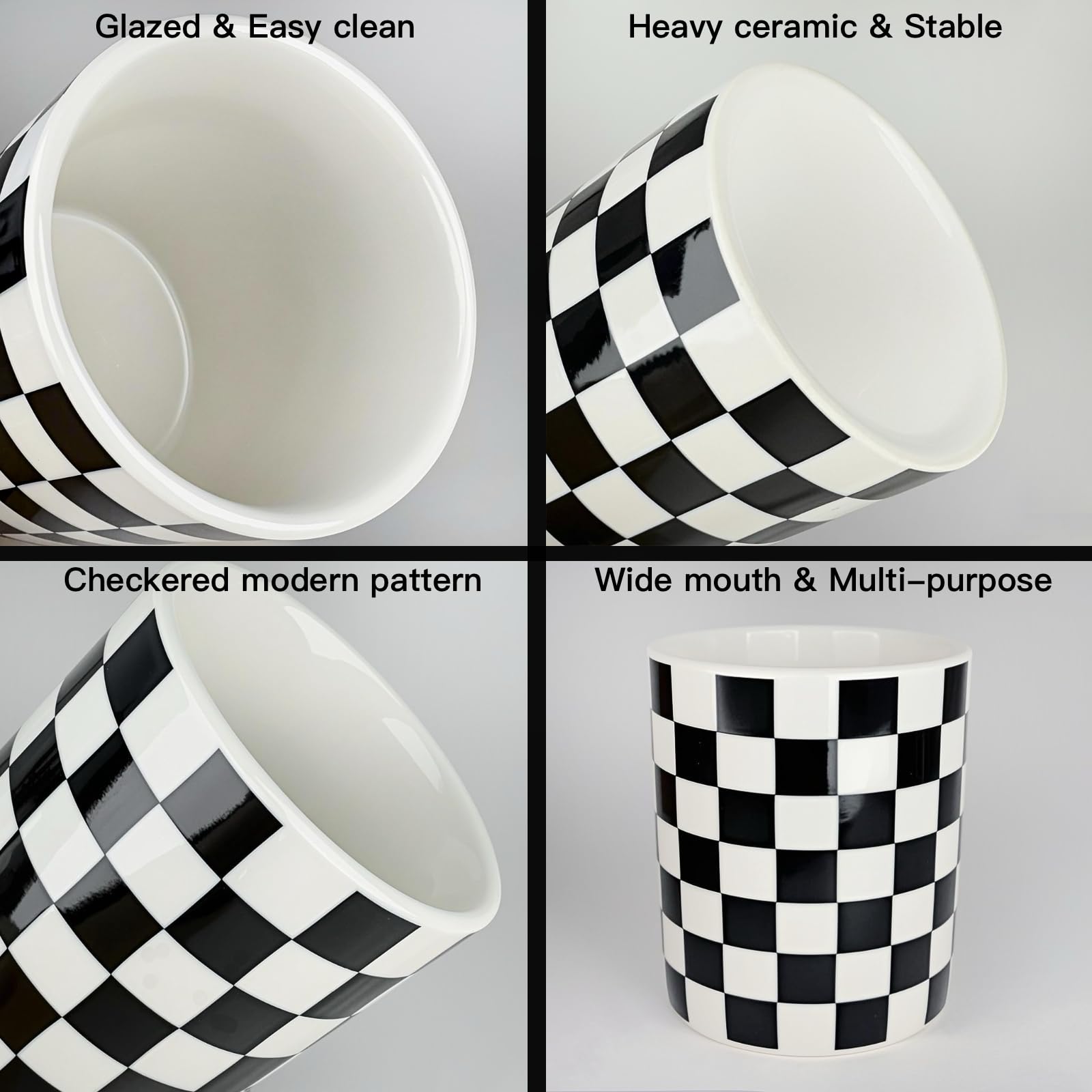 Tooth Brush Holder for Bathroom, Countertop Toothbrush Holders for Bathrooms, Modern Cute Black and White Bath Room Cups, Ceramic Toothbrush and Toothpaste Dispenser, Checkered Bathroom Decor
