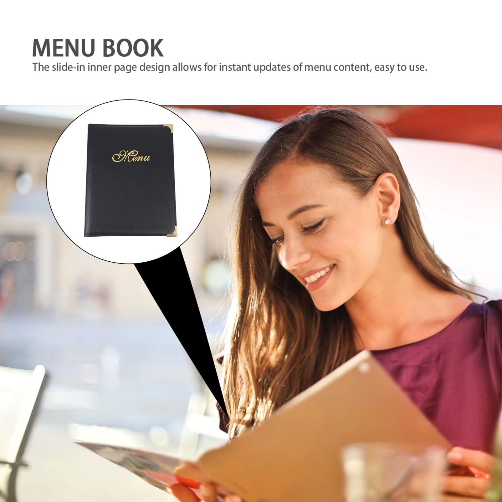 Carpeta en Pu Negro Diseño de Página Interior Deslizante y Esquinas Redondeadas de Menú Práctico Resistente a Caídas y Fácil de Usar para Restaurante y Hotel