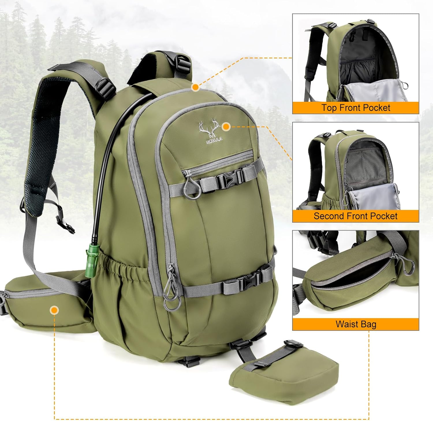 Hunting Backpack Waterproof Pack: 25L Hunting Gear with Rain Cover,Hunting Day Pack with Rifle Bow Gun Holder (Green) - Image 3