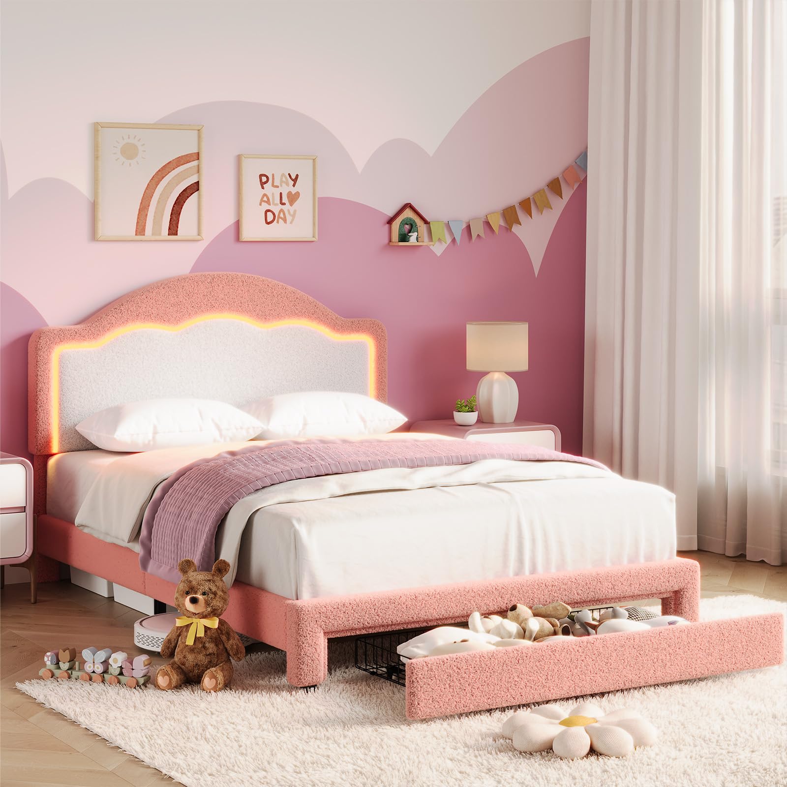 GarveeHome Twin Size Bed Frame with LED Headboard for Kids, Sherpa Upholstered Platform Bed Frame with Storage Drawer and Wood Slat Support, No Box