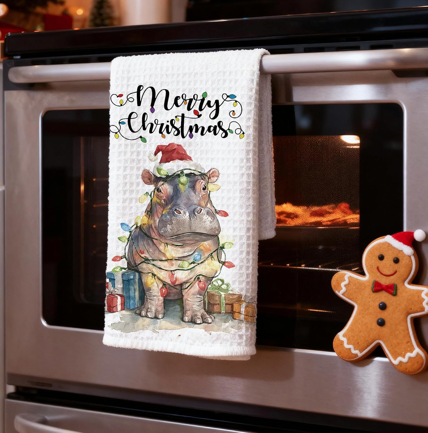 Christmas Hippo Kitchen Hand Towels,Christmas Decorations Tea Towels Dish Rags,Gifts for Women Hippo Lovers,Xmas Kitchen Bathroom Decor,16x24 Inch - Image 4