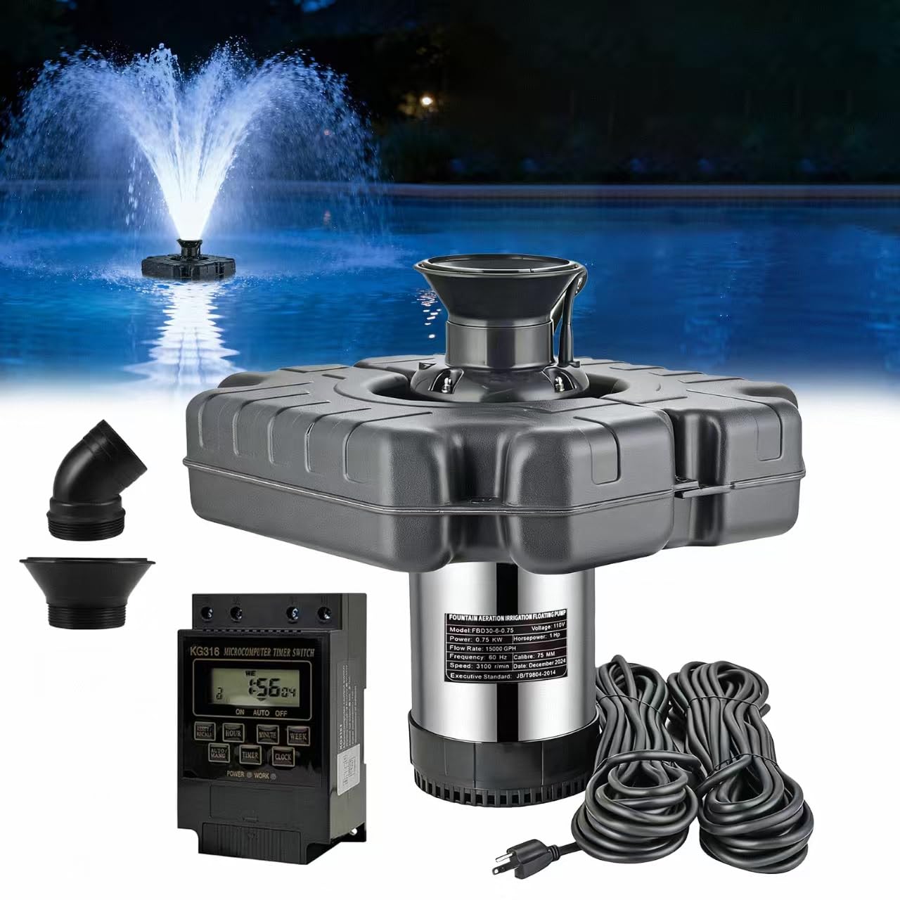 Photo 1 of ***USED***GMEISHUNDA Pond Fountain Aerator,1HP 750W 110V Floating Pond Fountain Pump with Timer and 100FT Power Cord (0 LED Light, 1)