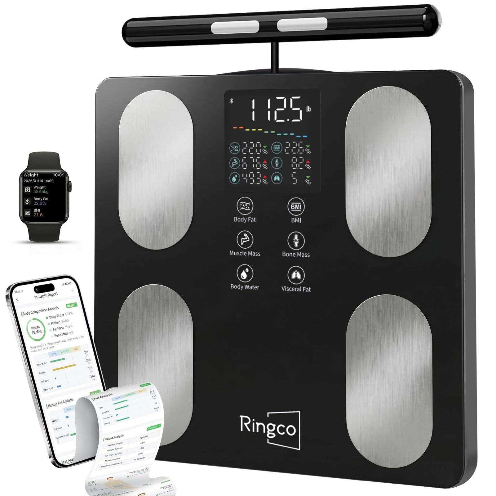 Ringco Body Pod Scale, Smart Scale with BMI Body Fat Muscle Mass, 8-Electrode High Precision Digital Bathroom Composition Analyzer with 12.2" Large Platform and 4.8" Display