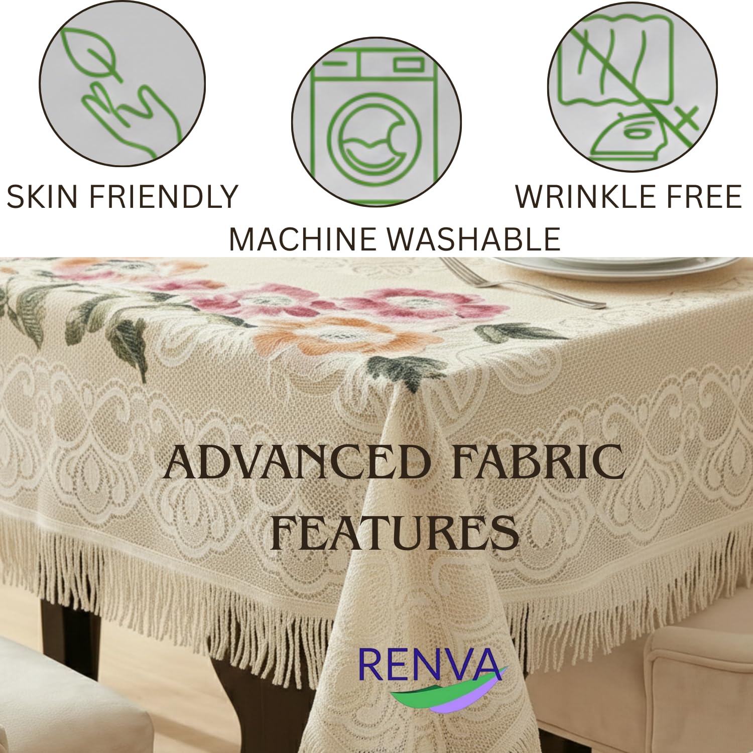 RENVA 4 Seater Cotton Dining Table Cover Durable Table Cover Cloth for Kitchen Table Cloth for Home, Hotel, Office & Restaurant | Table top Reusable Table Covers Washable 1