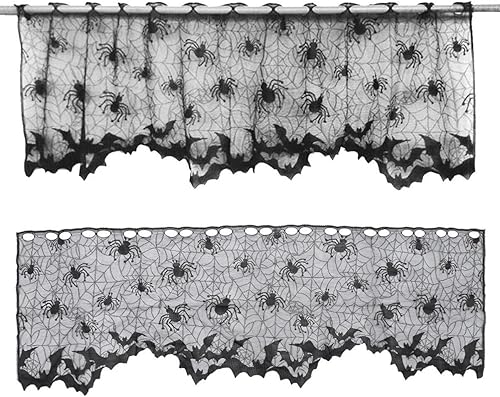 Miniatura 6 de VALICLUD Cenefas de Halloween para ventanas, tela de araña, calavera, fantasma, bruja, murciélago, cortinas de cocina, cenefas para cortinero