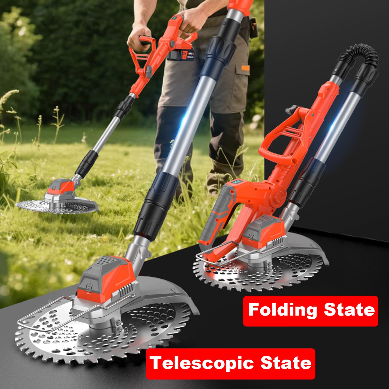 Bezprzewodowa podkaszarka do trawy z ostrzem 20 cm, teleskopowym drążkiem i regulowaną głowicą do cięcia trawnika i krawędzi ogrodu, dostępne 2 style