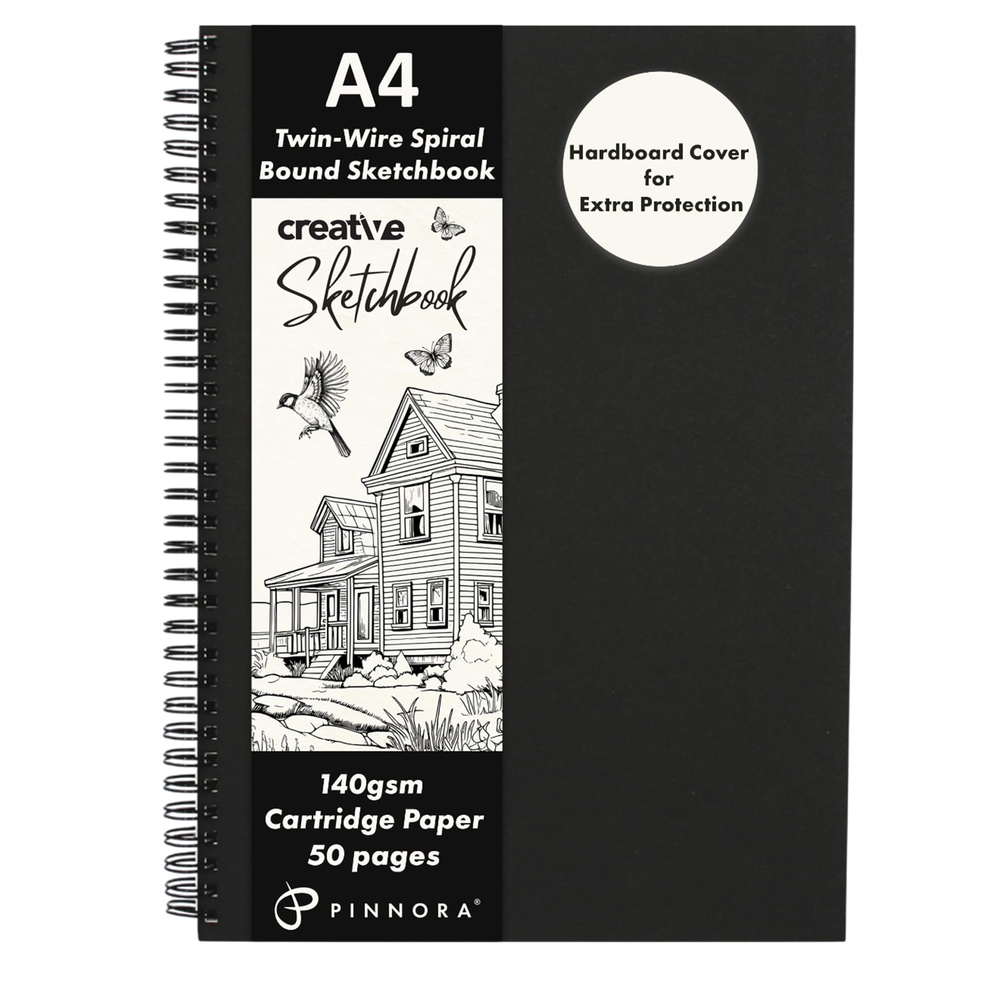 Pinnora A4 Black Board Cover Creative A4 Sketchbook (140Gsm) - Black Hardcover Sketch Book With Thick Cartridge Paper | Twin-Wire Spiral Bound Sketch Pad, A4 Drawing Pad For Sketching - Art Book For All Ages (50 Pages)