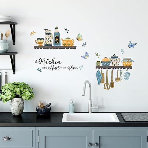 Supzone Calcomanías de pared con citas de cocina, utensilios de cocina, cafetera, calcomanías de pared The Kitchen is the Heart of Home Word Saying