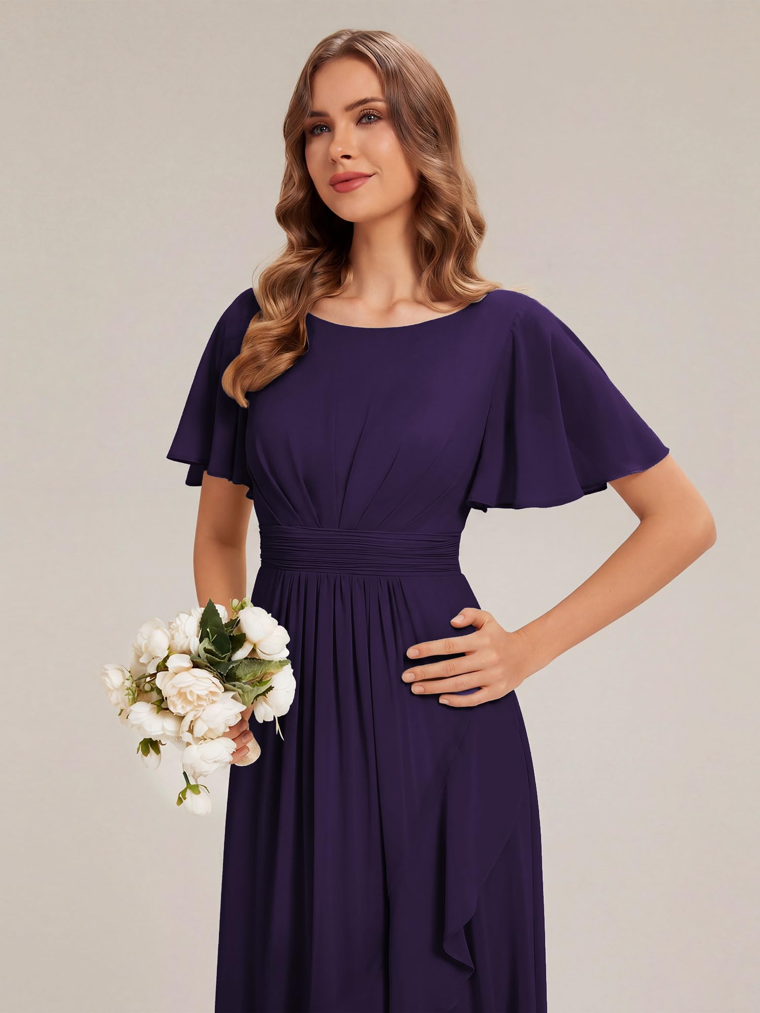 Ever-Pretty Robes de Demoiselle d'honneur Col Ronde Manches Courtes Mousseline High-Low Ourlet asymétrique ES02708