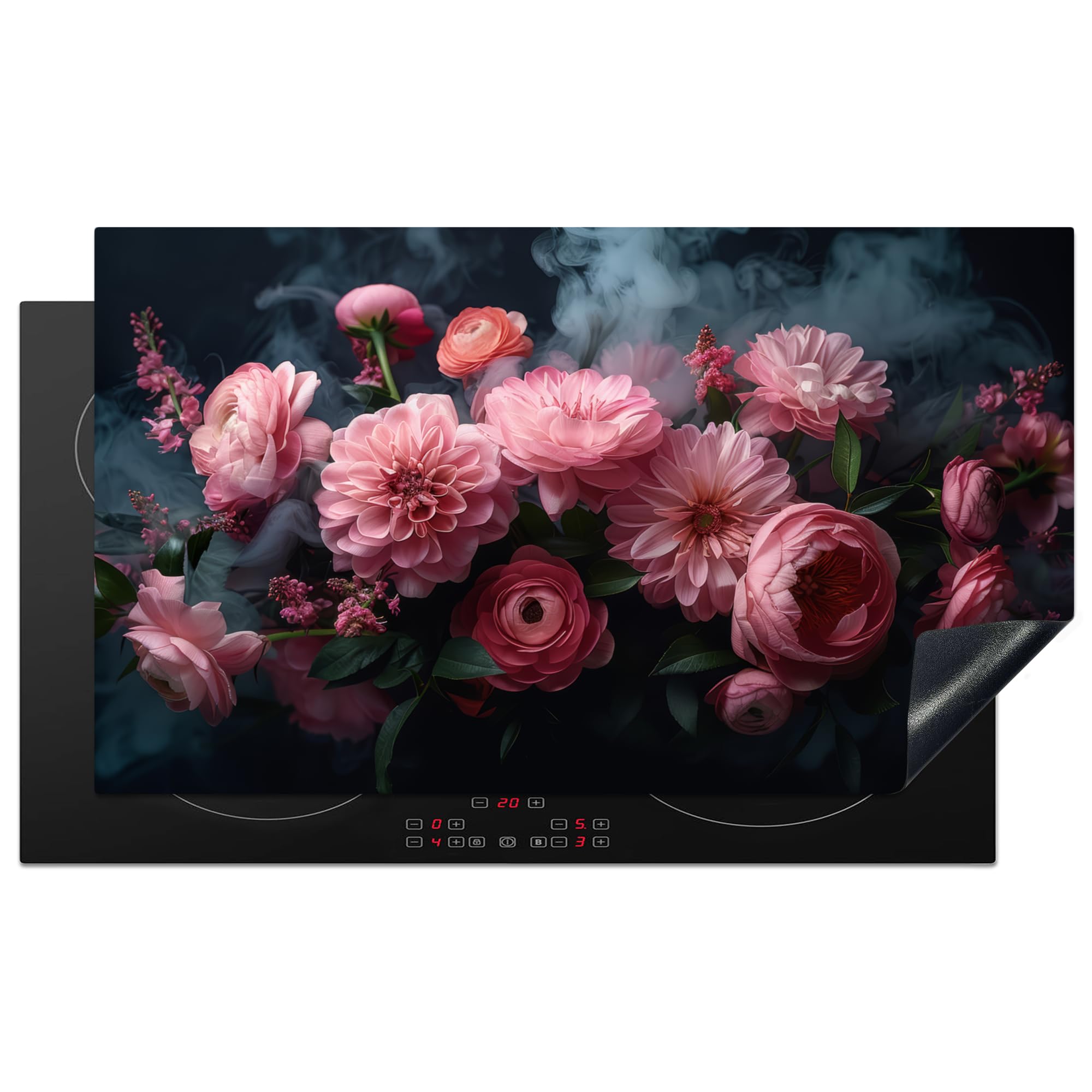 KitchenYeah© Induction Hob Protector Mat 20.5"x35.9" / 91.2x52 cm Stove Cap Top Cover Kitchen Cooker Covers for Electric Hobs Vinyl Flowers - Pink - Roses - Botanical - Nature