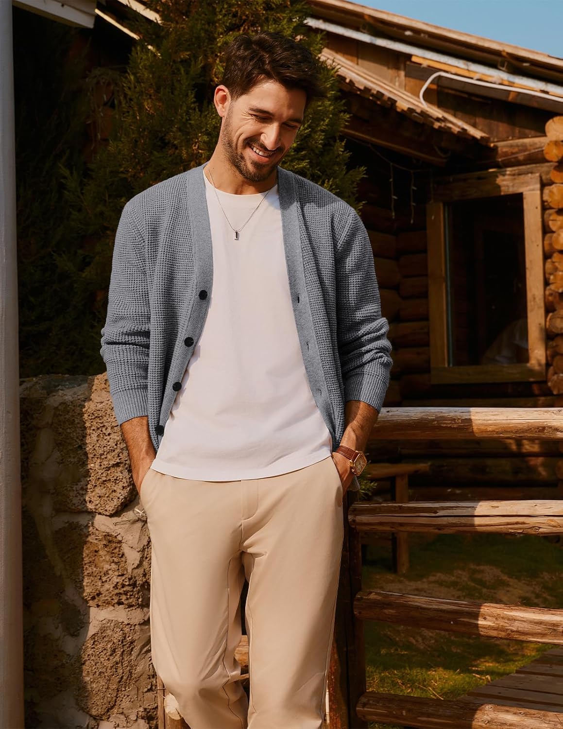 PJ PAUL JONES Mens Waffle Textured Cardigan Sweater Long Sleeve V-Neck Knitted Sweaters - Image 8