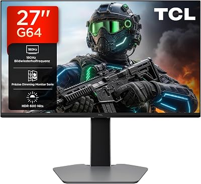 TCL Gaming Monitor 27 Zoll QD-Mini-LED 27G64, QHD-Auflösung, 180Hz, Fast-HVA-Panel, HDR 600 nits, 1ms GTG Reaktionszeit, AMD Freesync, Kompatibilität mit G-Sync