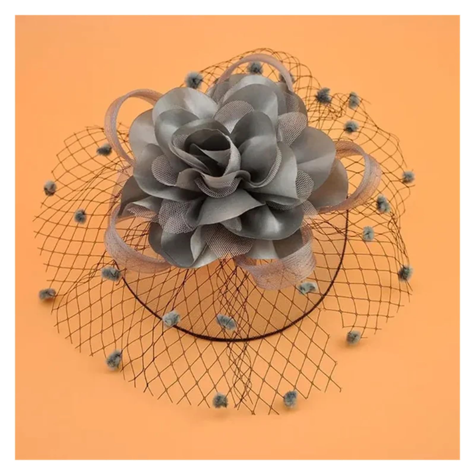 UALXPAO Wedding Hats Women Mesh Fascinator Cocktail Tea Party Hat Hair Accessories Wedding Church Headwear with Veil Flower Dots for Tea Party,Weddings(Grey)