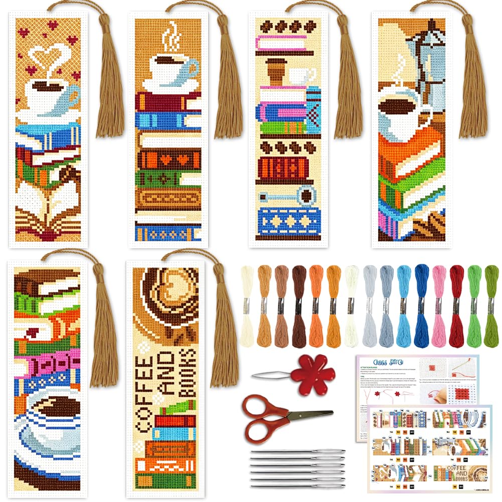 ACRNIGHEET 6PCS Cross Stitch Bookmark Kit for Beginner Stamped Cross Stitch Kits for Adults Book&amp;Coffee DIY Tassel Embroidery Bookmark Kits Needlepoint Kit with Instructions Craft Gift 8.5''x3'' 11CT