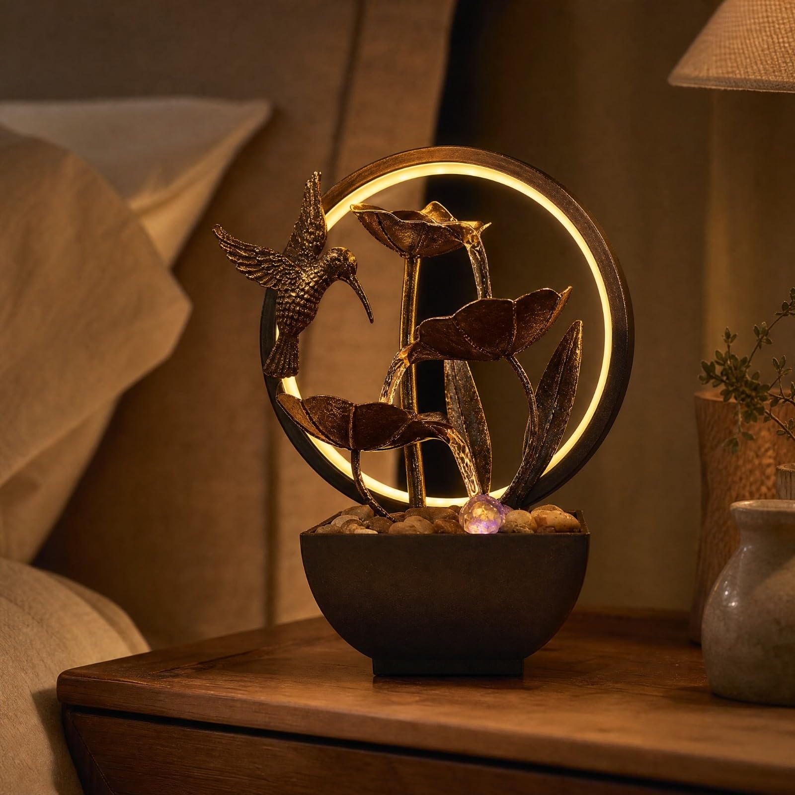 Fuente Mesa Metal con Piedras corativas Compacta Fuente corativa con Elementos Botánicos y Anillo Iluminado Morno parecibidor, Estilo E