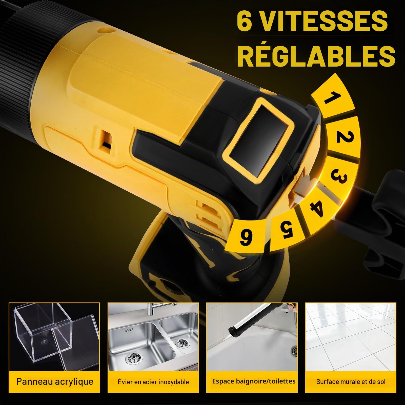 Pistolet à calfeutrer sans fil avec LED pour Dewalt 21V (sans batterie) | Pistolet à mastic électrique, 6 vitesses, affichage numérique, pour cartouche 10oz/300ml