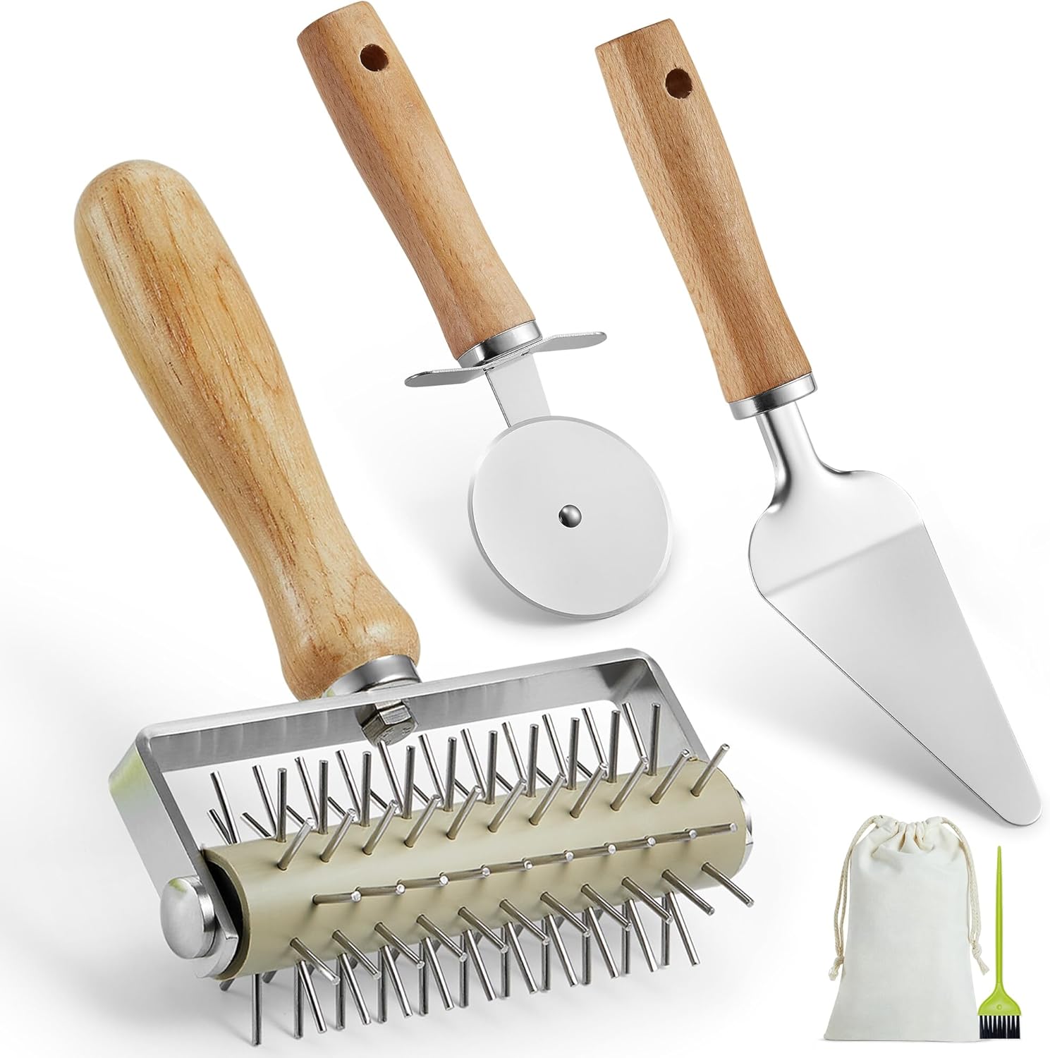 MUMSUNG Pizza Dough Docker Roller with Stainless Steel Spikes, Pizza Wheel & Pie Server, Cleaning Brush and Canvas Bag – Perfect for Homemade Pizza, Pie & Pastry