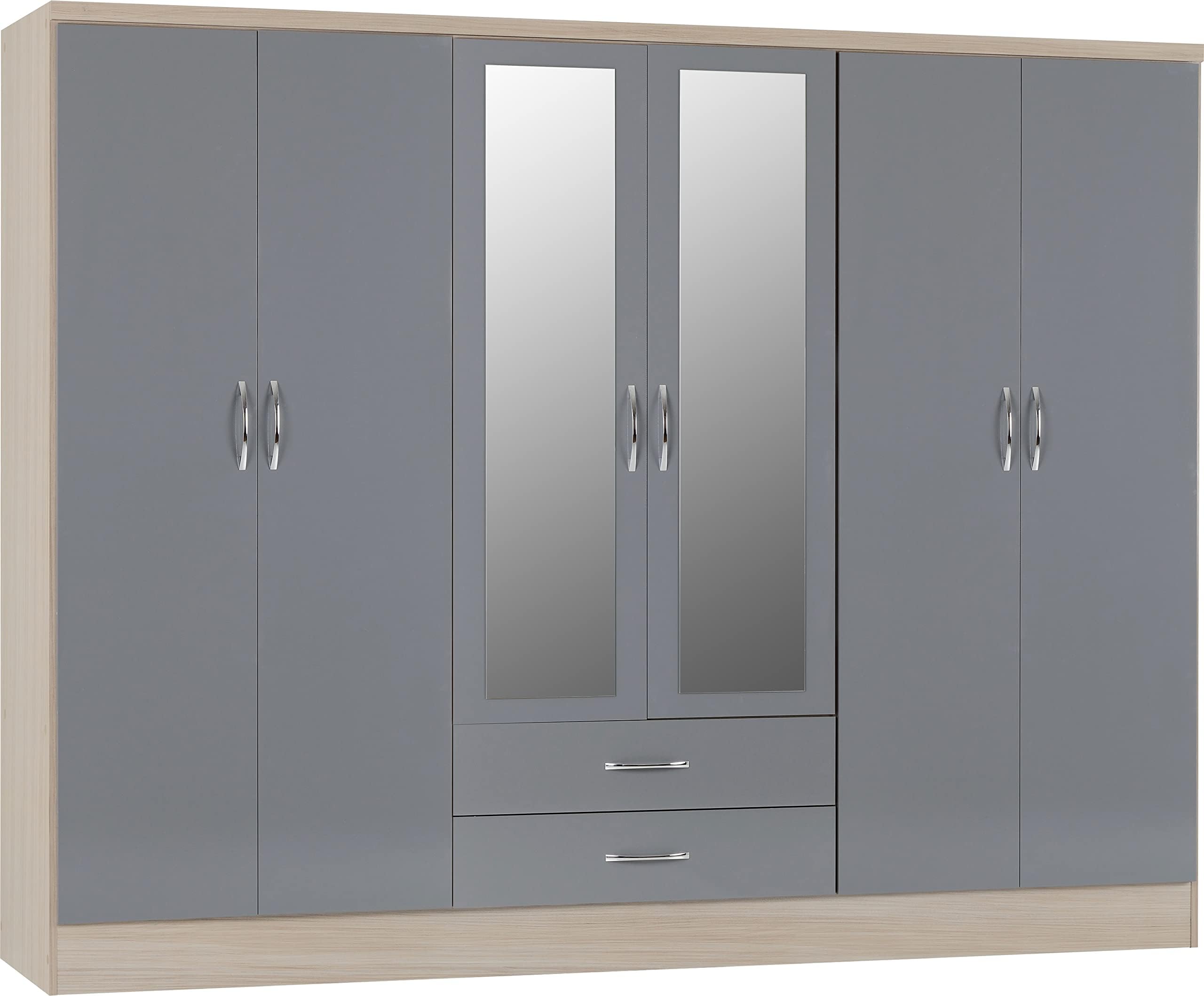Seconique Nevada 6 Door 2 Drawer Wardrobe in Grey Gloss/Light Oak Effect Veneer, 230 x 52 x 182.5 cm