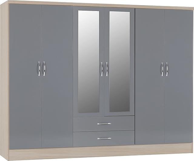 Seconique Nevada 6 Door 2 Drawer Mirrored Wardrobe, Engineered Wood, Grey Gloss/Light Oak Effect Veneer, W 2300mm x D 520mm x H 1825mm