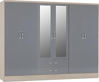 Nevada 6 Door 2 Drawer Wardrobe in Grey Gloss/Light Oak Effect Veneer, 230 x 52 x 182.5 cm