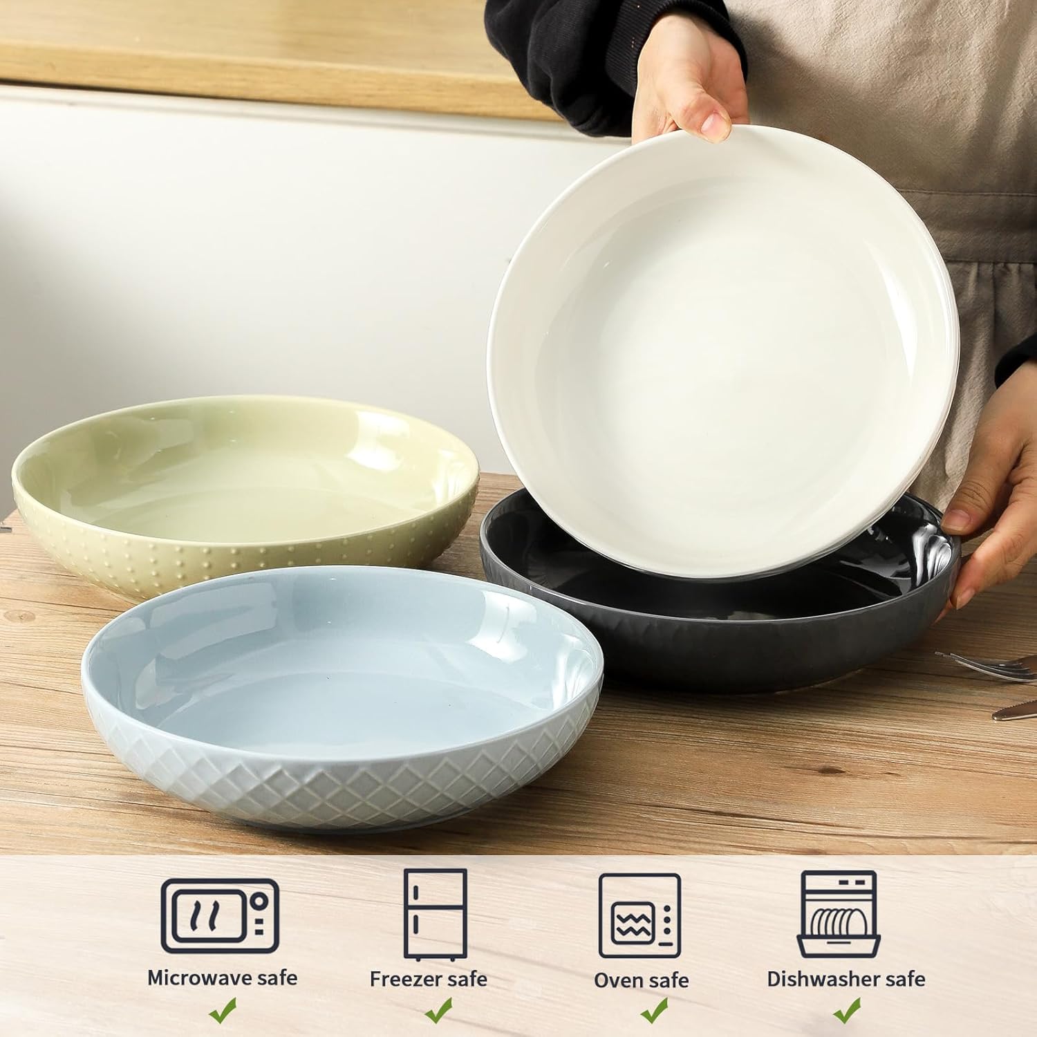 HASENSE Ceramic Pasta Bowls, 42 OZ Ceramic Salad Bowl Set of 4, Large Serving Plate Bowls,Embossment Stoneware Wide and Shallow Pasta Plates for Fruits, Noodle,Colorful